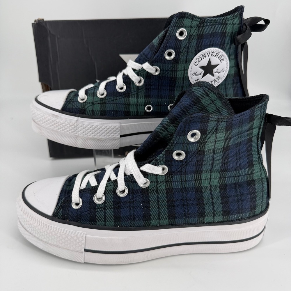 Converse CTAS Lift Hi Plaid Navy Green Platform Sneakers A13879C Womens 7.5